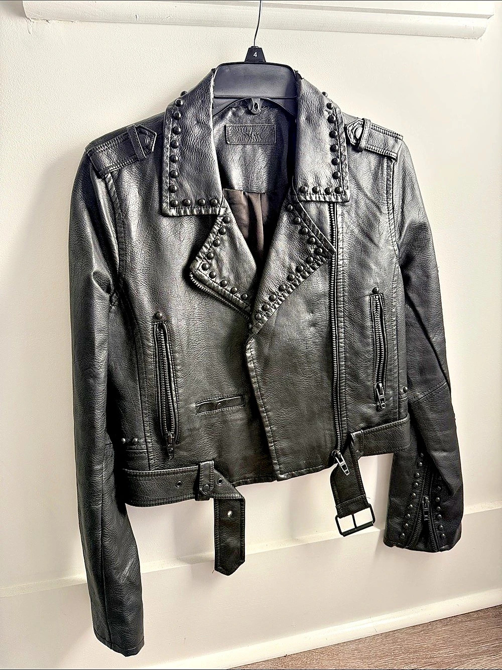 Blank NYC Studded Distressed Leather Moto Jacket in Black SMALL